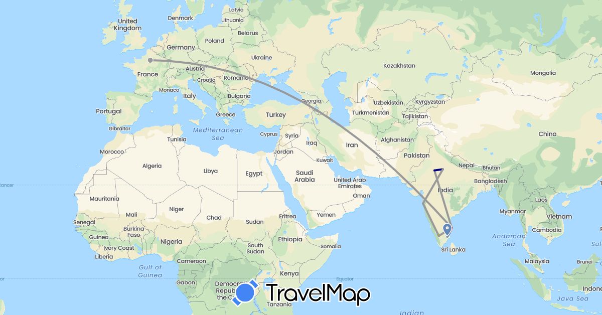 TravelMap itinerary: driving, plane, cycling, train, hiking, boat, hitchhiking, motorbike, electric vehicle in France, India (Asia, Europe)
